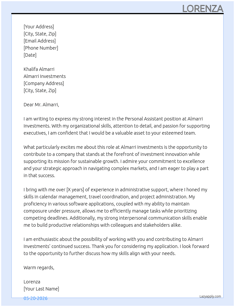 Cover letter for personal assistant - LazyApply