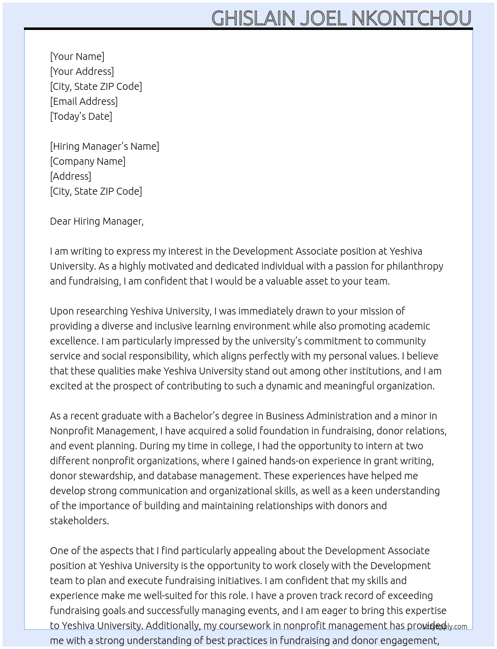 Development Associate At Yeshiva University Cover Letter