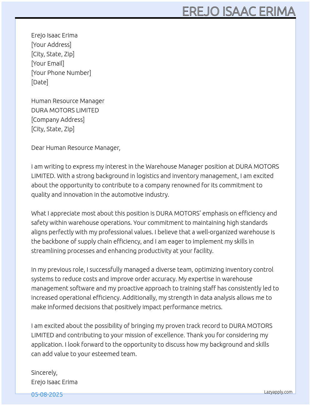 Warehouse Manager At DURA MOTORS LIMITED Cover Letter