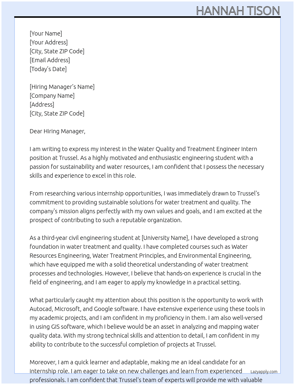 Water Quality and Treatment	Engineer Intern  At Trussel  Cover Letter