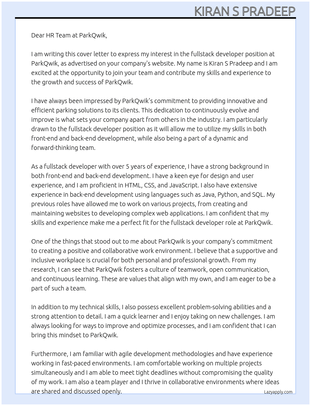 fullstack developer At ParkQwik Cover Letter