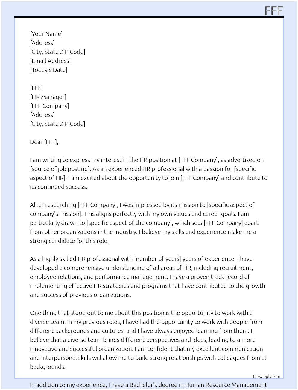 hr At fff Cover Letter