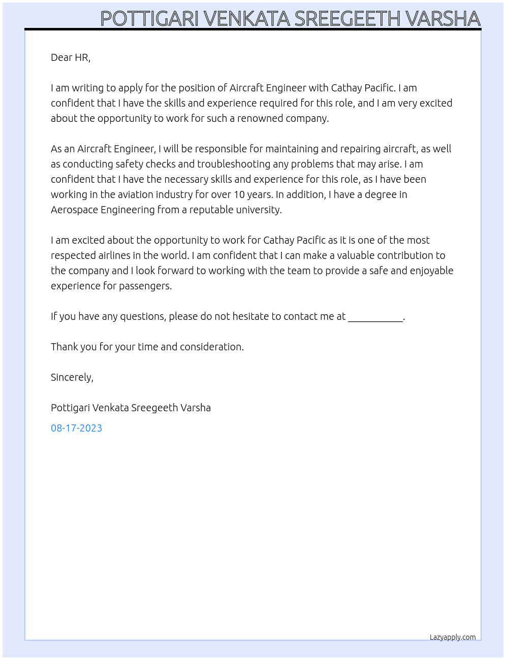 Aircraft Engineer At CATHAY PACIFIC Cover Letter