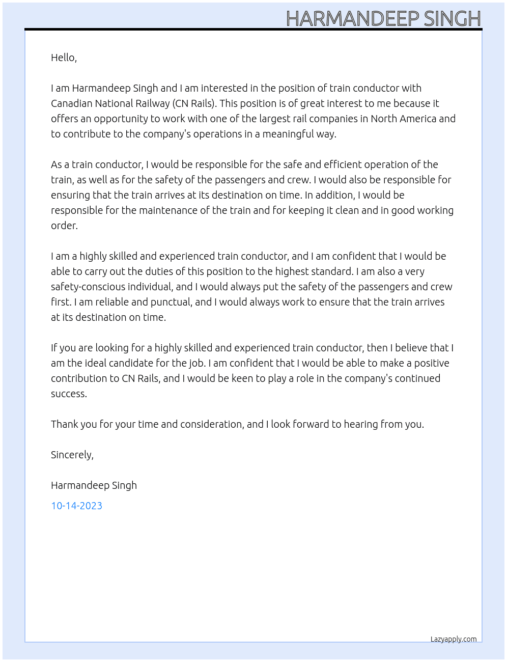 train conductor At CN Rails Cover Letter