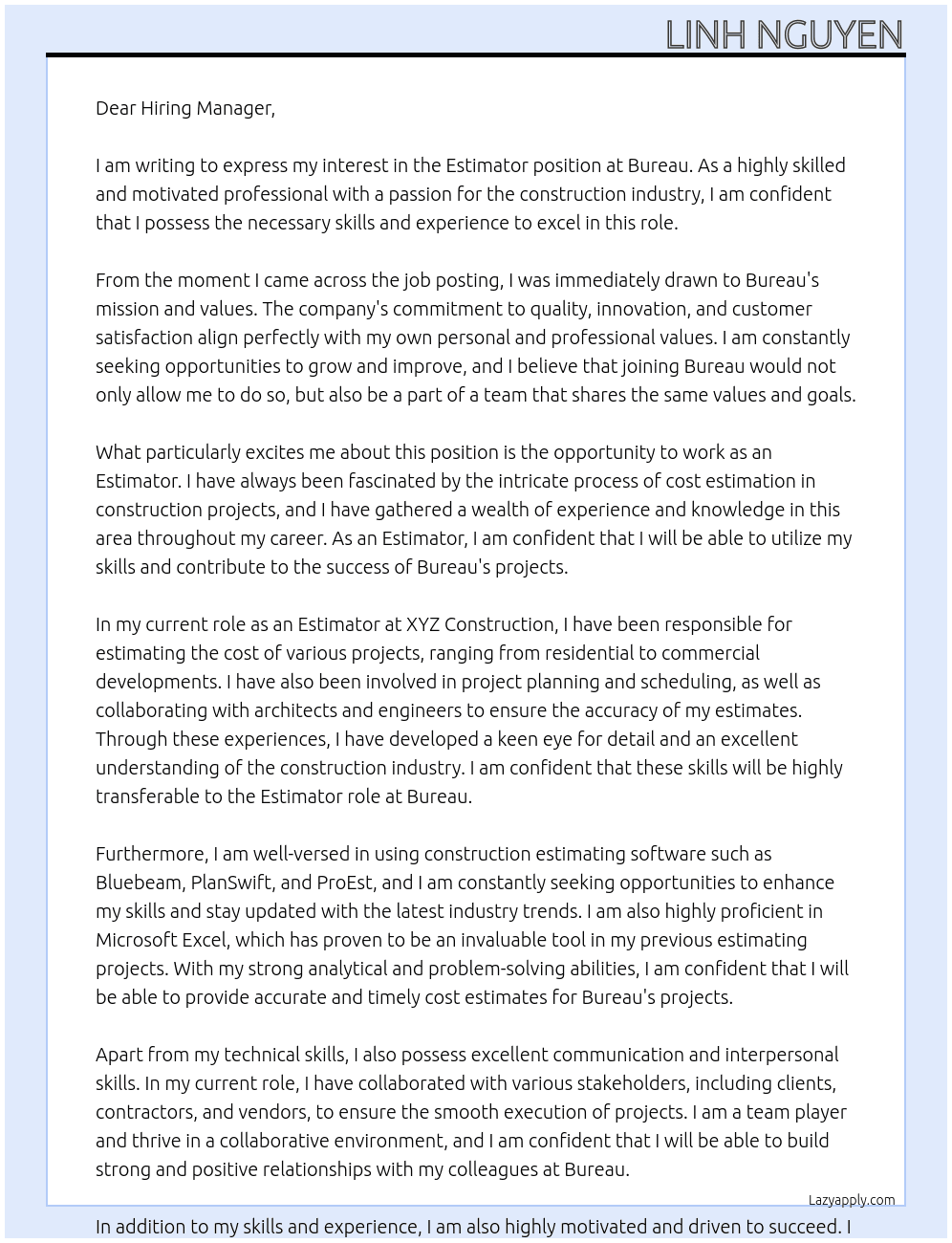 Estimator At Bureau Cover Letter