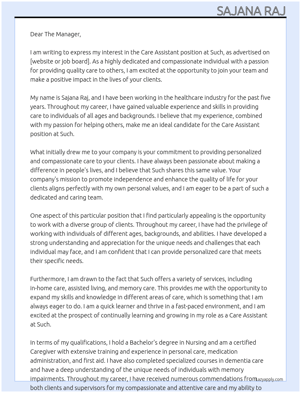 Care assistant At Such Cover Letter