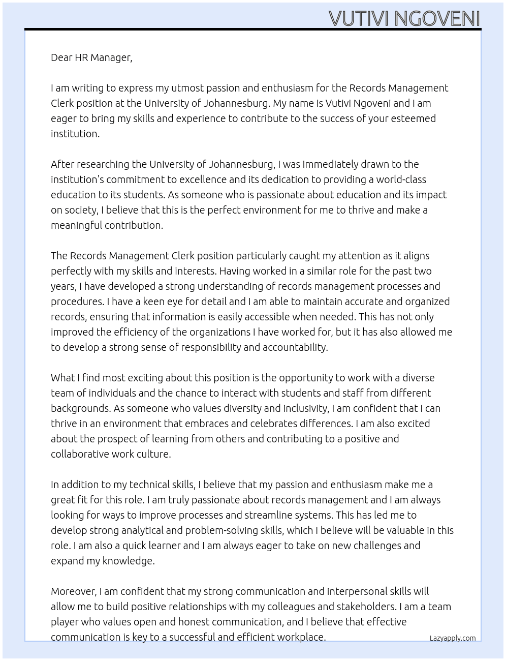 Records management clerk At university of jonannesburg  Cover Letter