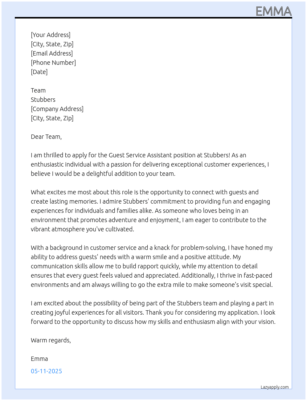 Guest Service Assistant At Stubbers Cover Letter