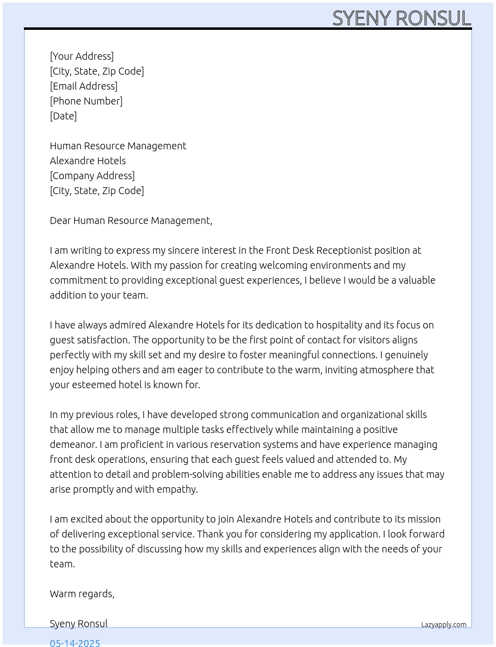 Front Desk Receptionist At Alexandre Hotels Cover Letter