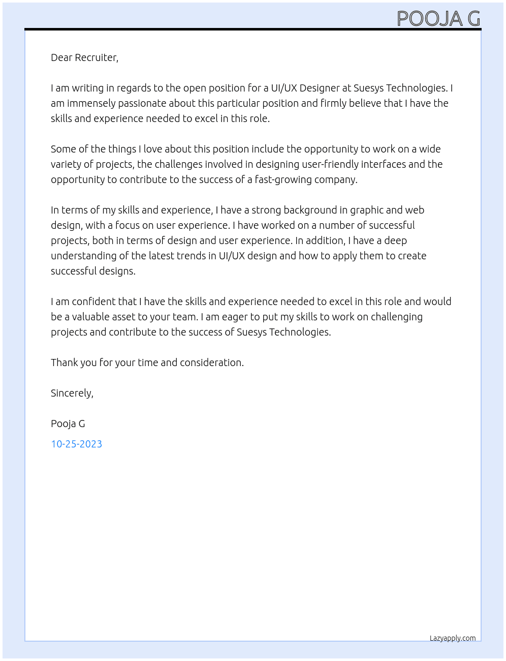 ui/ux designer At Suesys Technologies Cover Letter