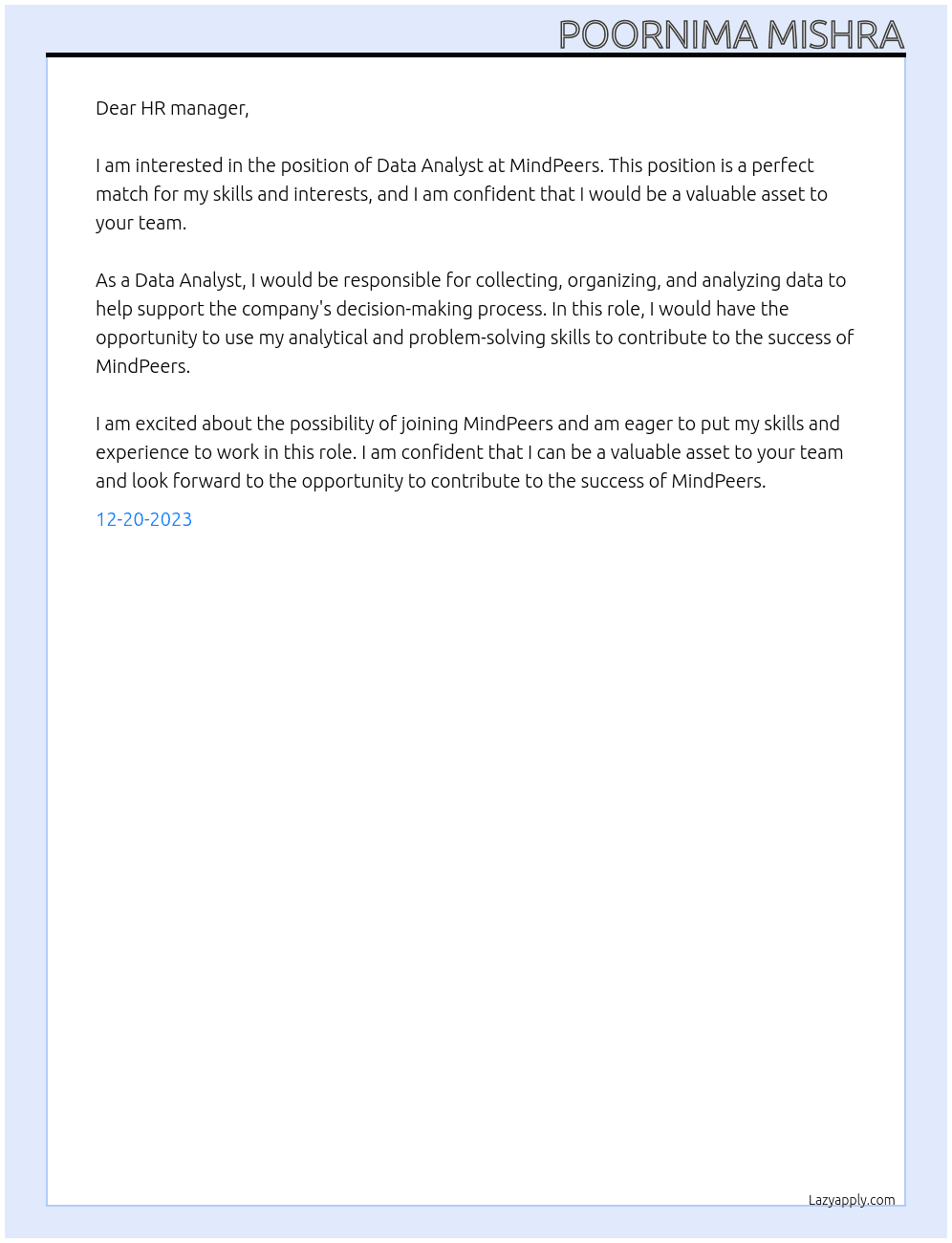 Data Analyst  At MindPeers Cover Letter