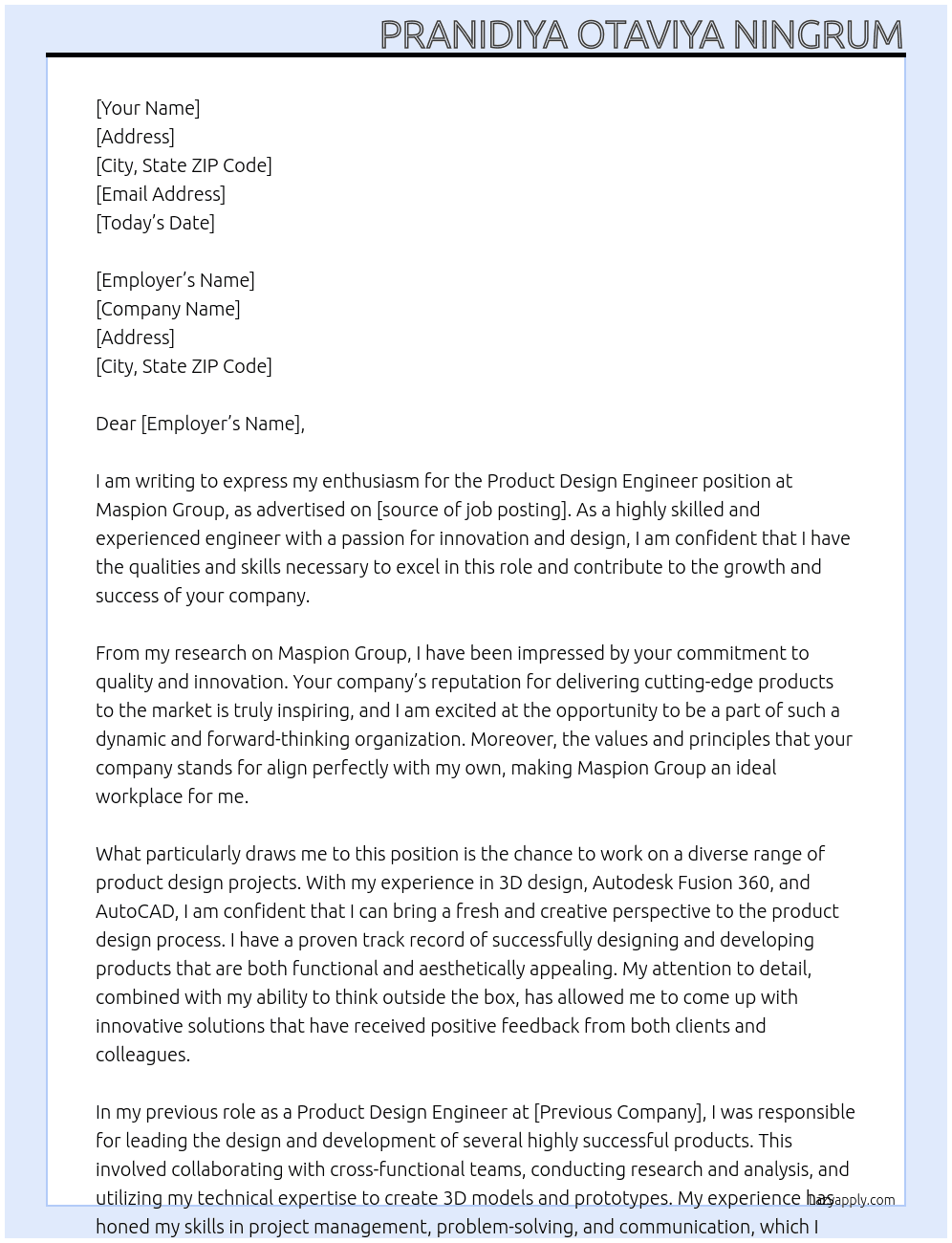 Product Design Engineer At Maspion Group Cover Letter