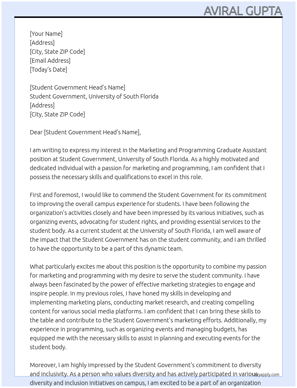 Marketing and Programming Graduate Assistant  At Student Government, University of South Florida Cover Letter