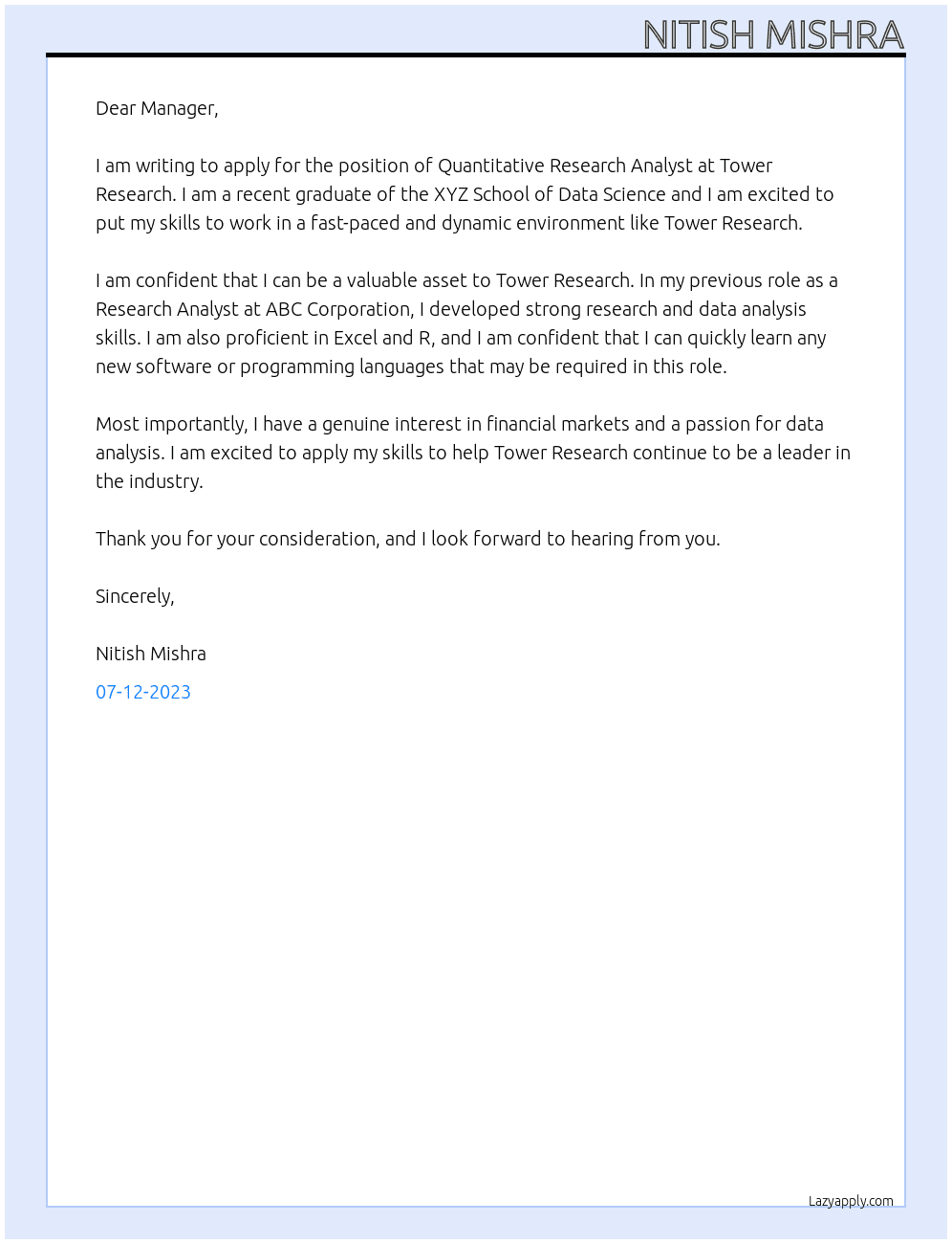 Quantitative Research Analyst At Tower  Research Cover Letter