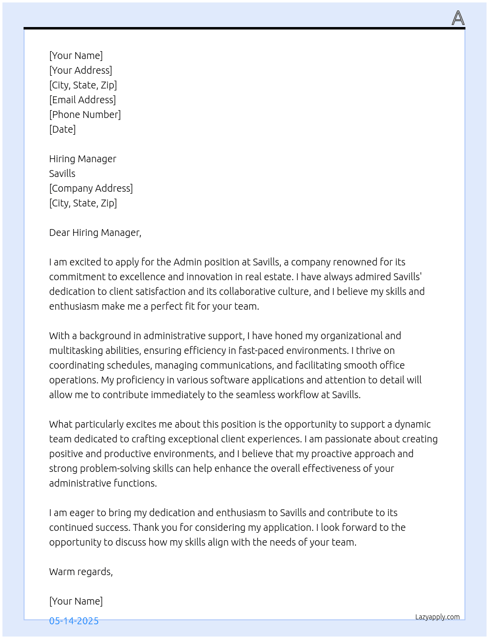 admin At savills Cover Letter