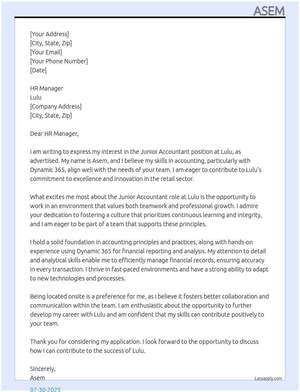 junior accountant At Lulu Cover Letter