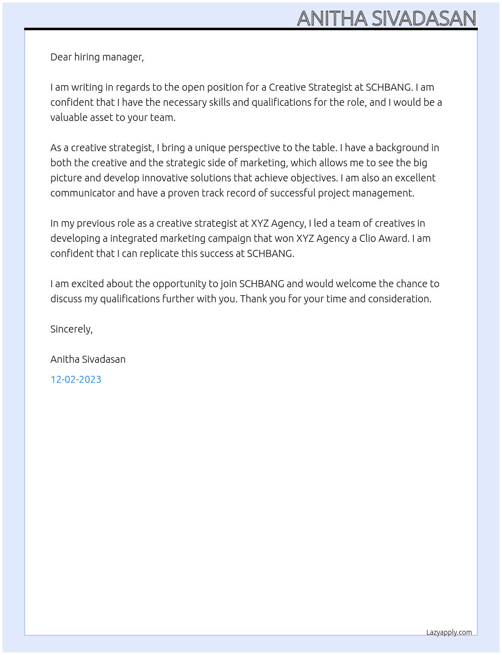 Creative Strategist At SCHBANG Cover Letter