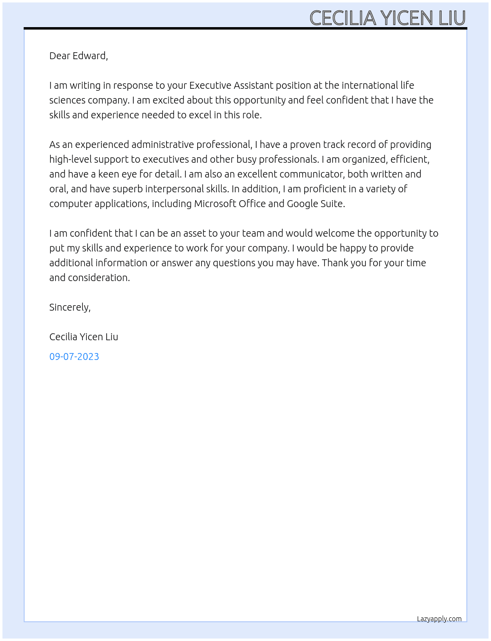 Executive assistant At the international life sciences company  Cover Letter