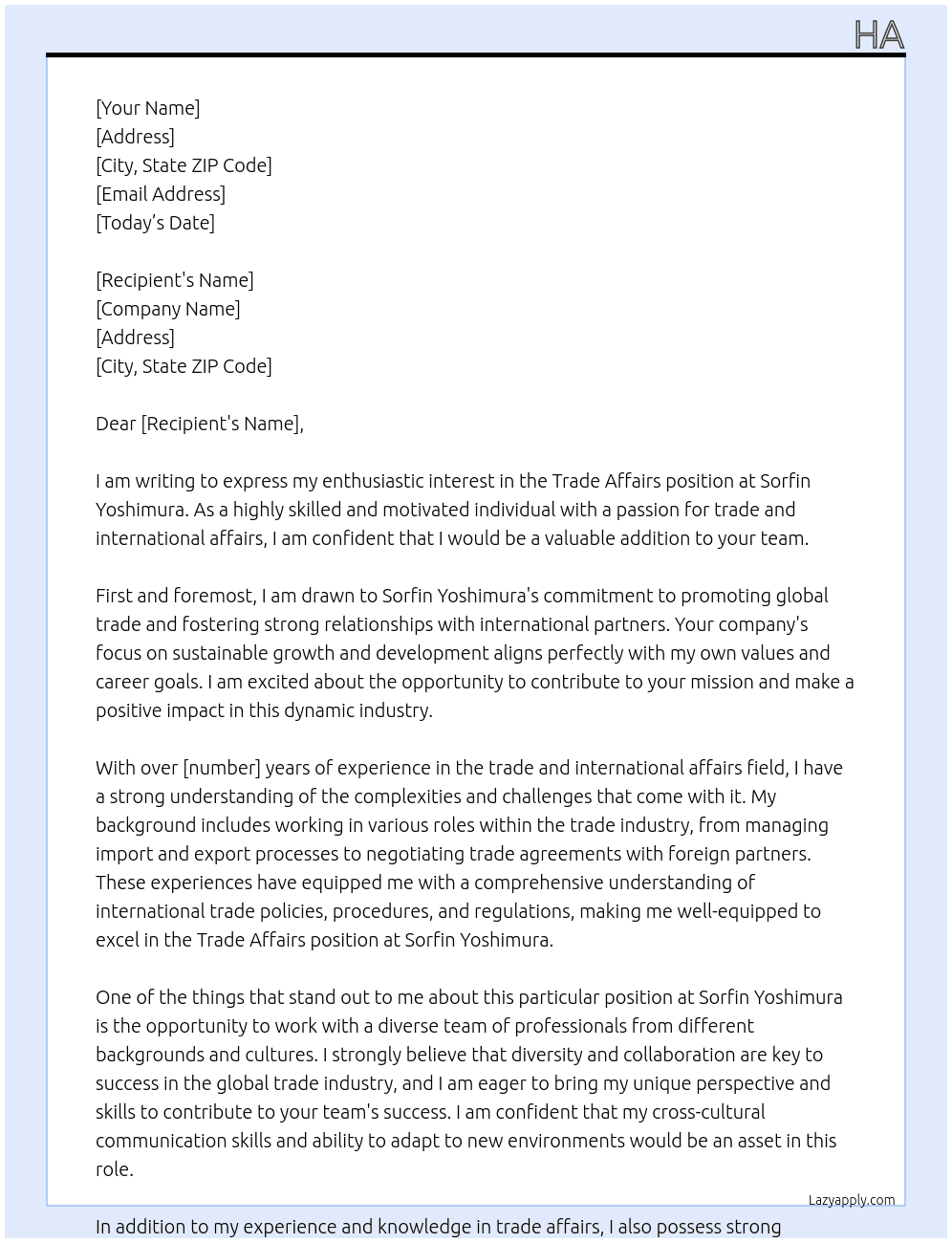 trade affairs At Sorfin Yoshimura  Cover Letter