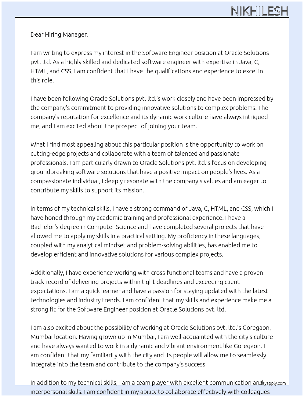 Software engineer At Oracle Solutions pvt. ltd. Cover Letter