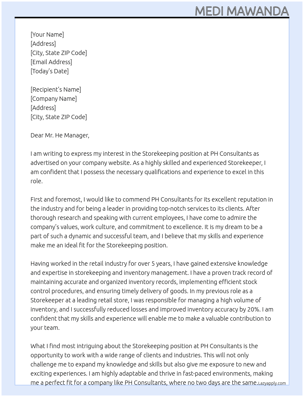 Storekepping  At PH Consultants Cover Letter