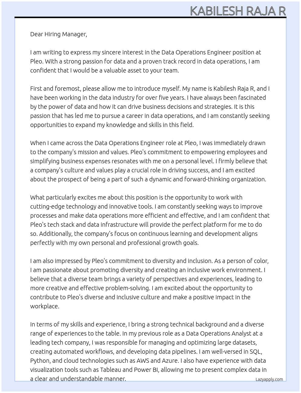 Data Operations Engineer At Pleo Cover Letter