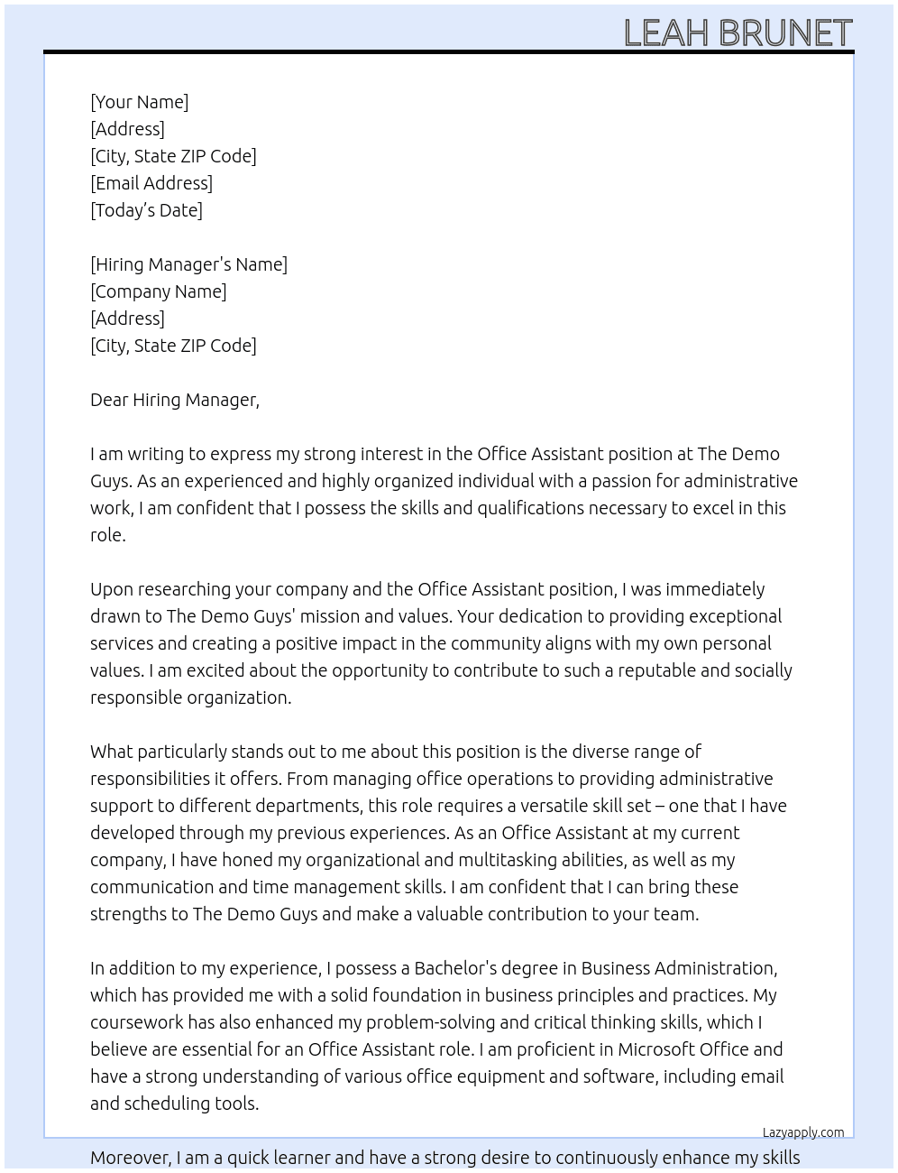 Office Assistant At The Demo Guys Cover Letter
