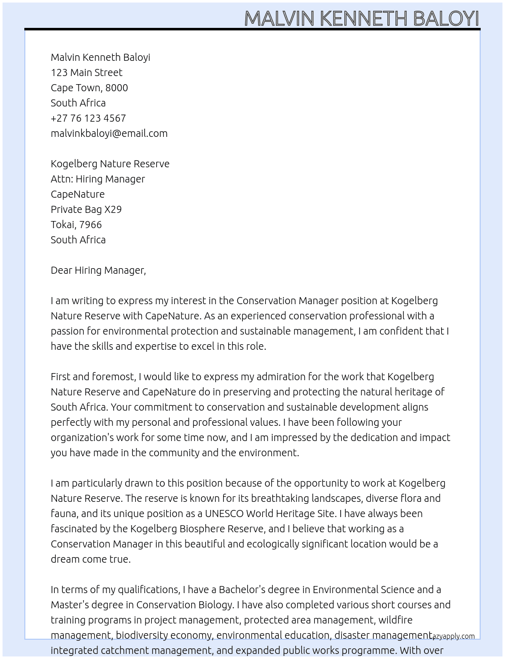Conservation Manager on Reserve - Kogelberg (Level 10) At CapeNature Cover Letter