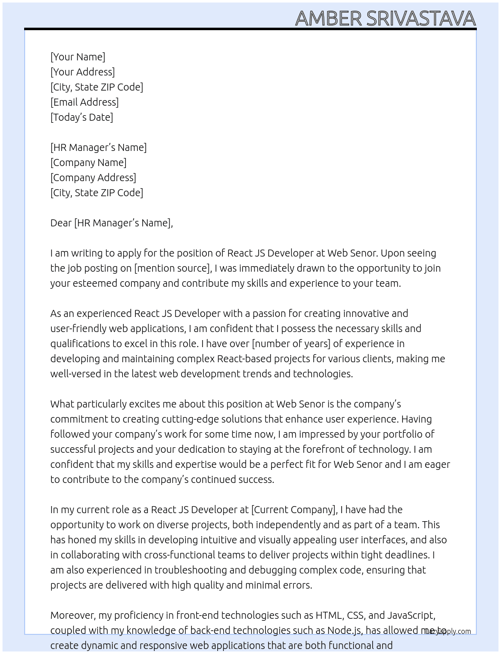 React JS Developer At Web Senor Cover Letter