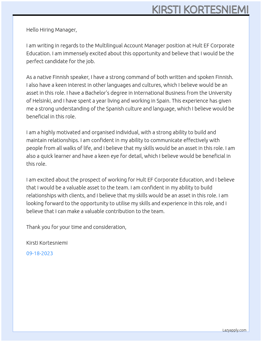Multilingual Account Manager At Hult EF Corporate Education Cover Letter