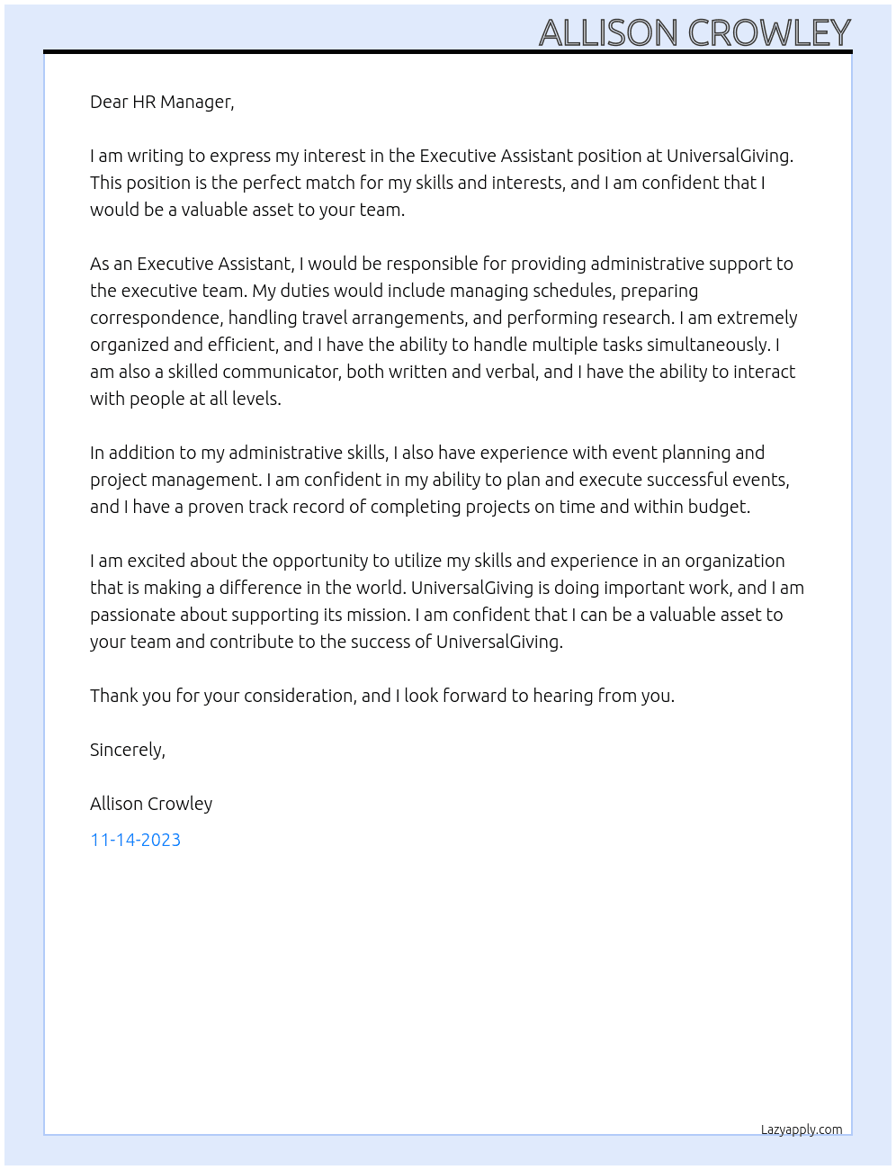 Executive Assistant At UniversalGiving Cover Letter