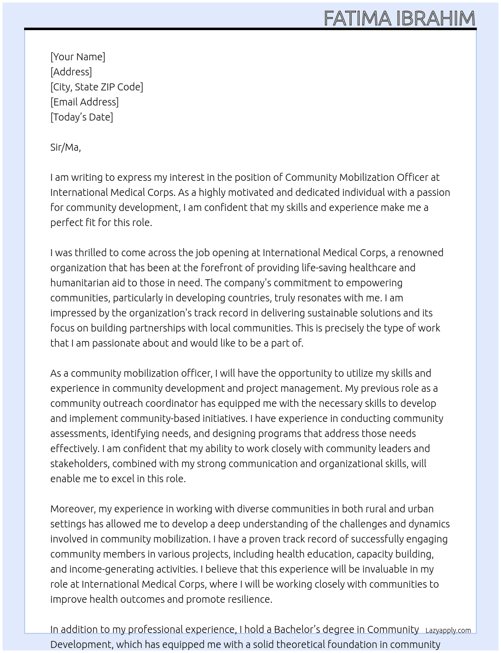 Community mobilization officer At International medical corps Cover Letter