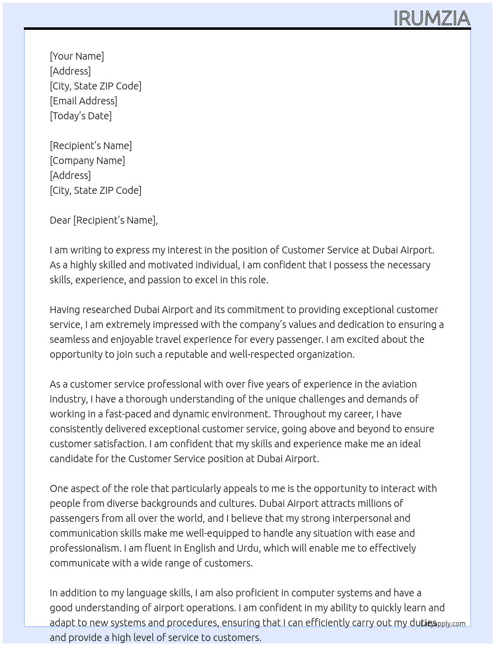 customer service At dubai airport Cover Letter