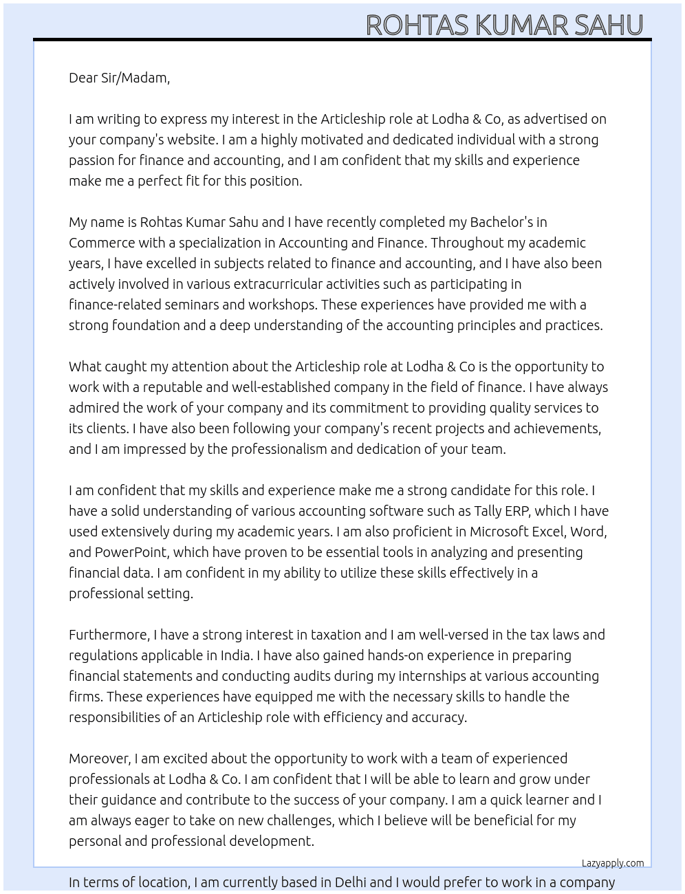 Articleship At Lodha & co Cover Letter