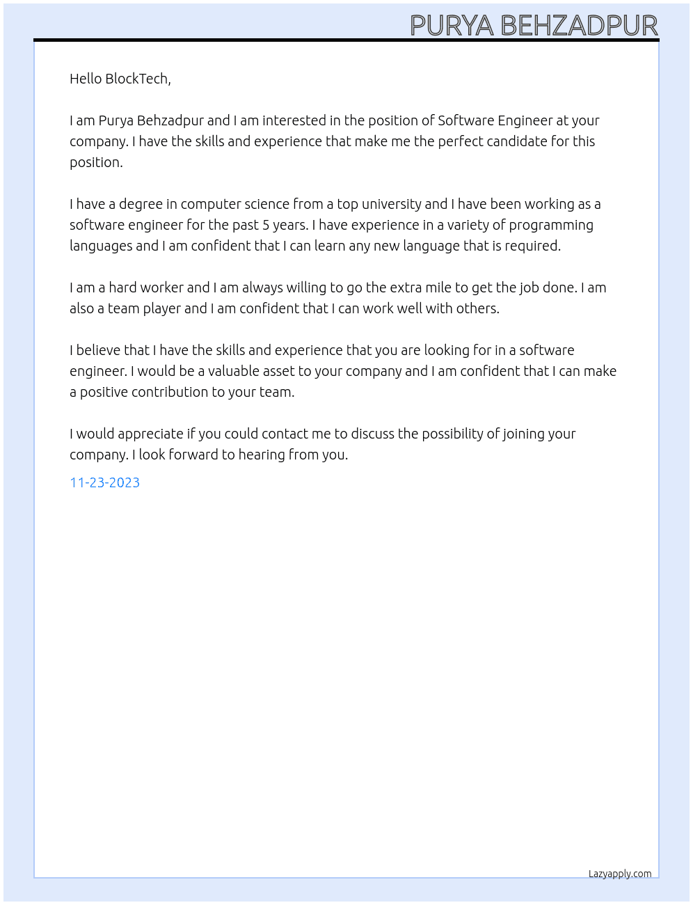 Software Engineer At BlockTech Cover Letter