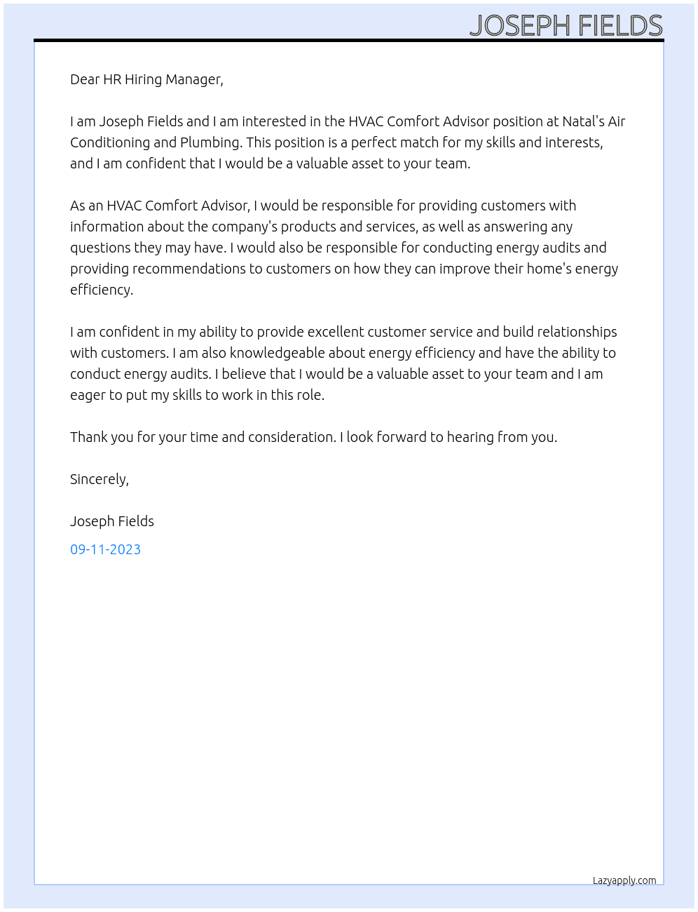 HVAC Comfort Advisor At Natal's Air Conditioning and Plumbing Cover Letter