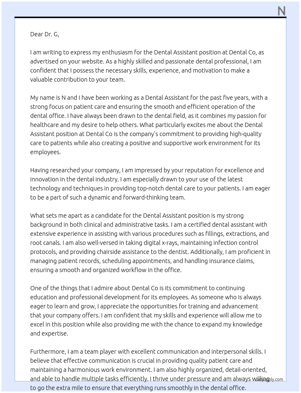 Dental Assistant At Dental Co Cover Letter