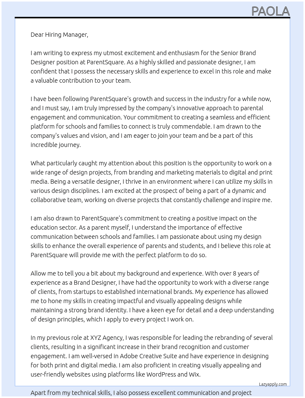 Senior Brand Designer At ParentSquare  Cover Letter