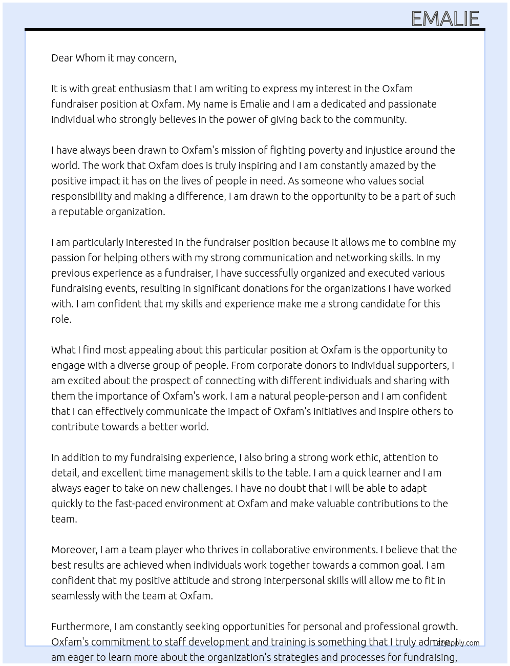 Oxfam fundraiser At Oxfam  Cover Letter