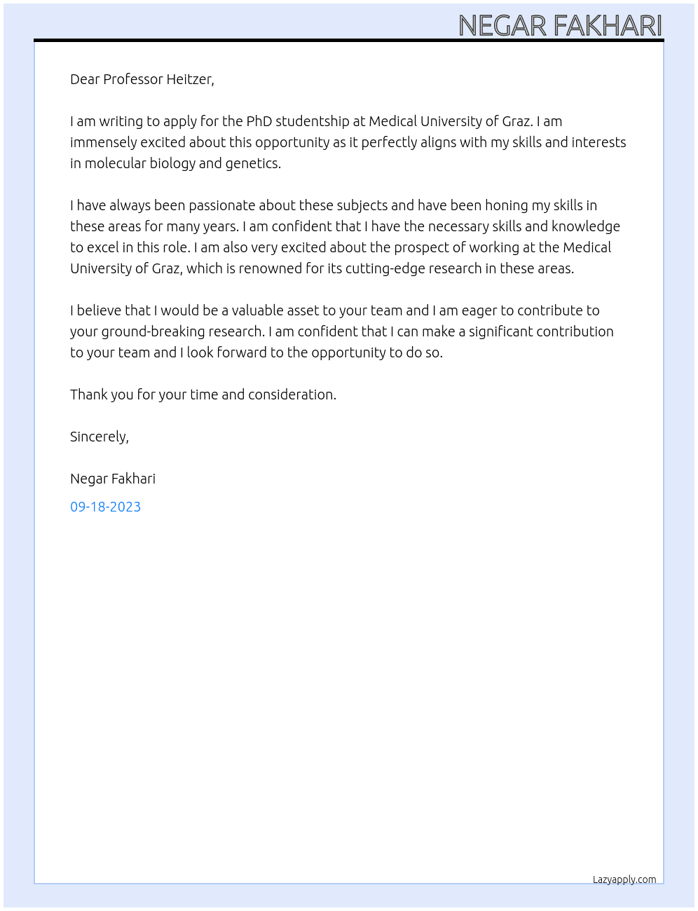 PhD studentship At Medical University of Graz Cover Letter