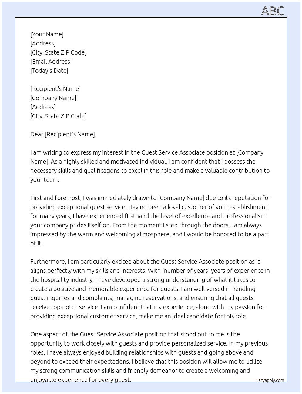 Guest Service Associate  At xyz  Cover Letter