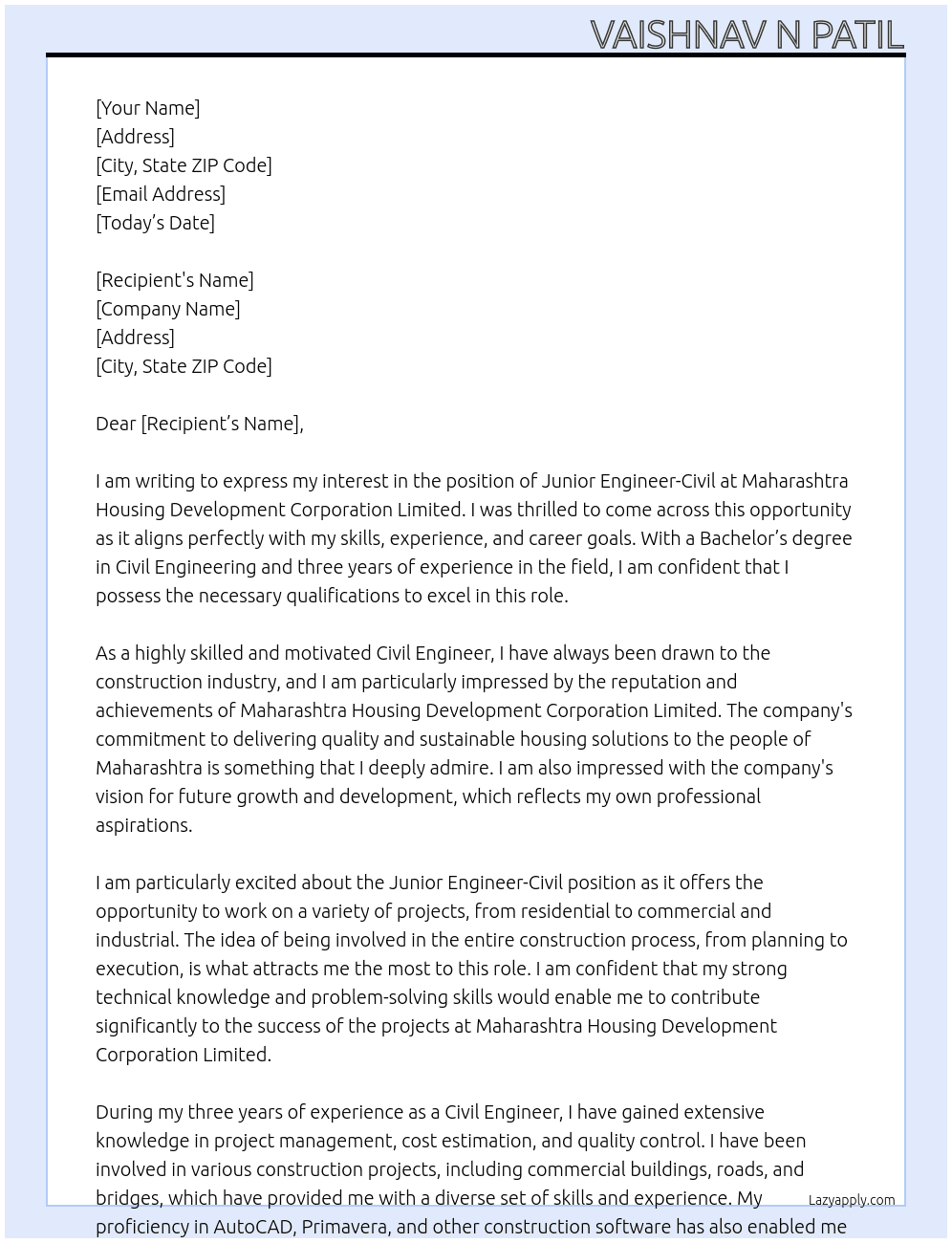  (Junior Engineer-Civil) At Maharashtra Housing Development Corporation Limited Cover Letter