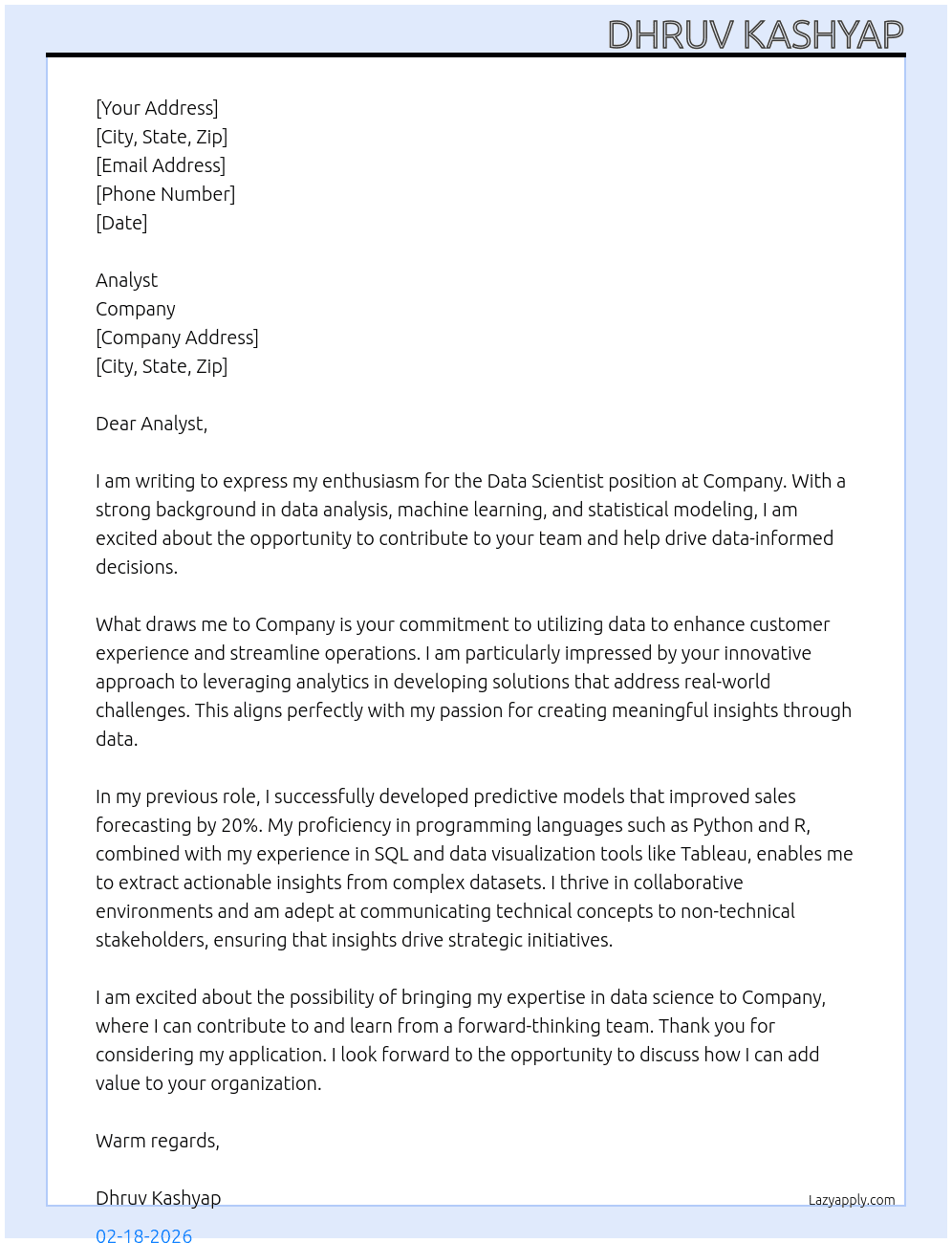 Data Scientist At Company Cover Letter