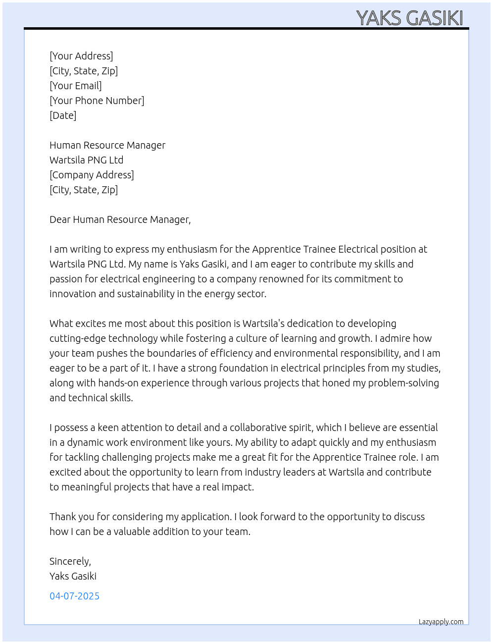 Apprentice Trainee Electrical At Wartsila PNG Ltd Cover Letter