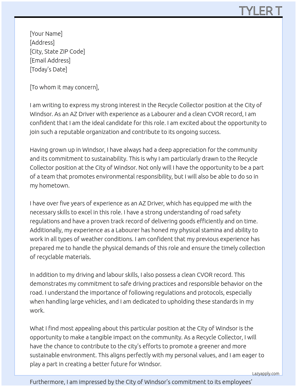 Recycle Collector At City of Windsor Cover Letter