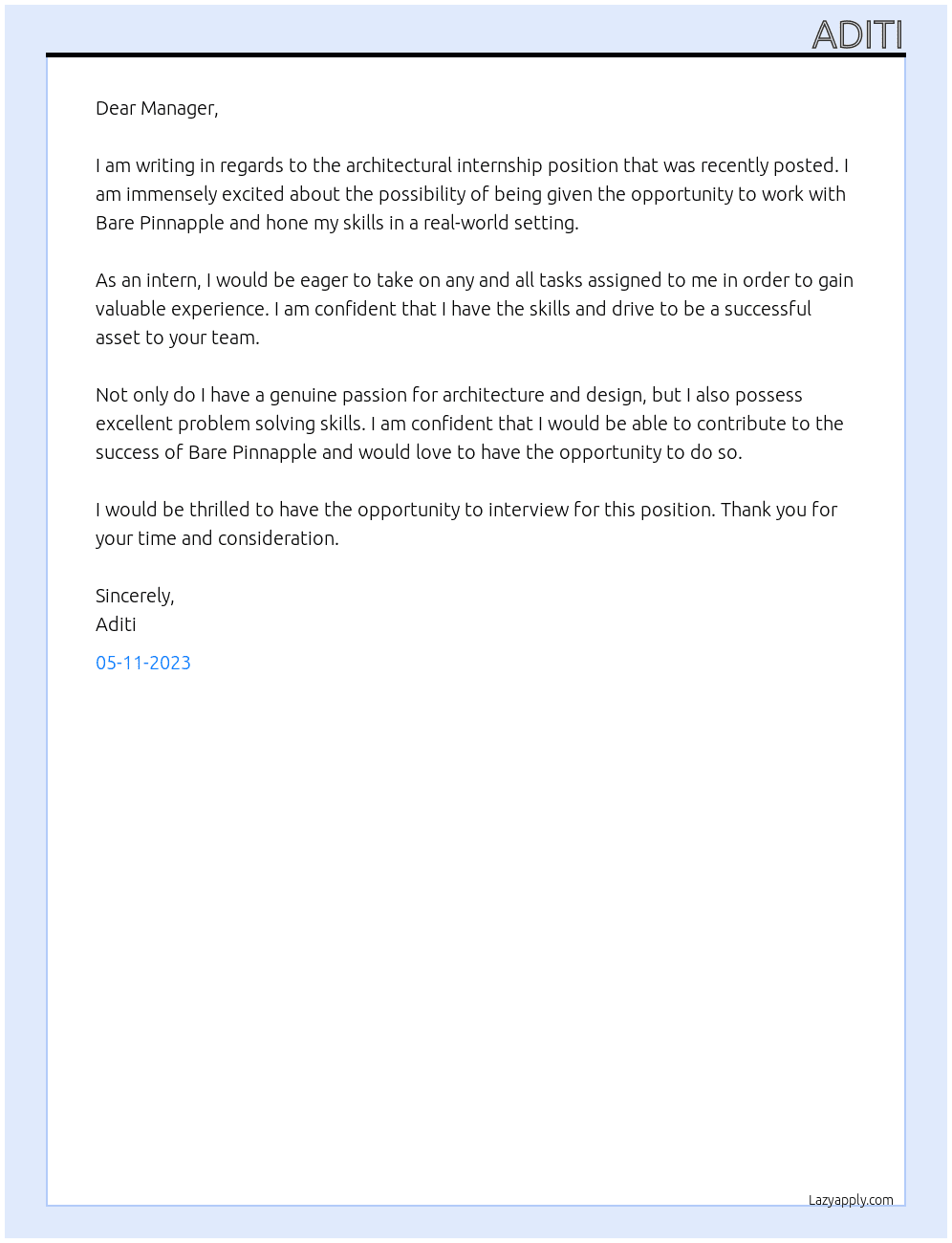 Archetural intern At Bare Pinnapple Cover Letter