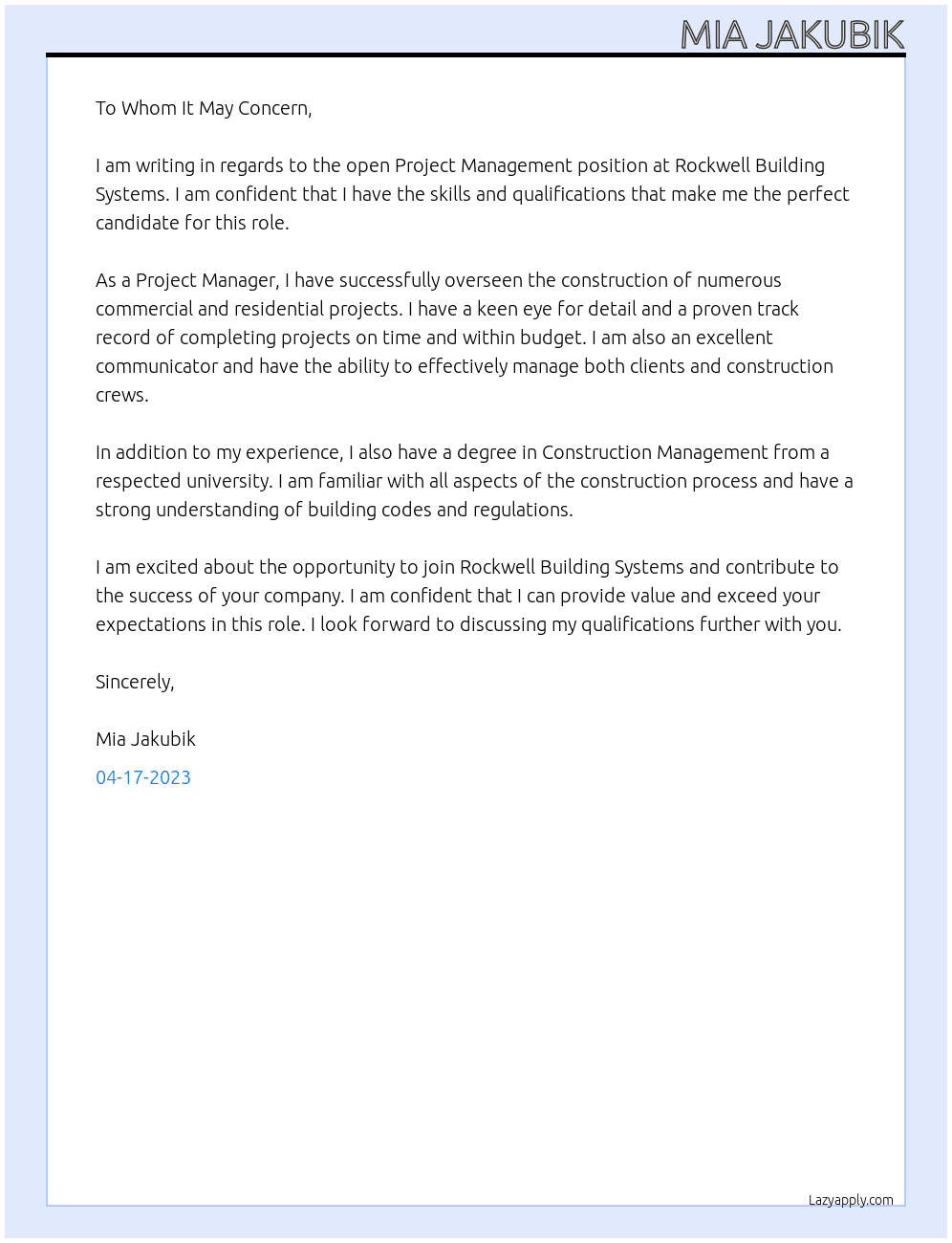 Project Management  At Rockwell Building Systems Cover Letter