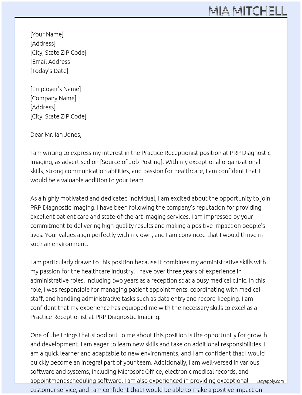 Practice Receptionist At PRP Diagnostic Imaging Cover Letter