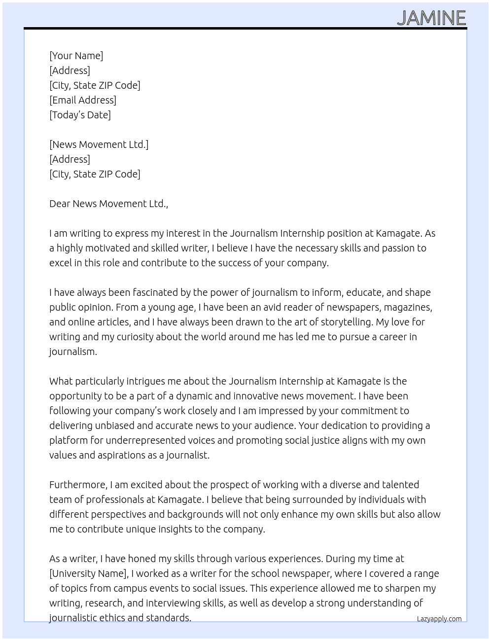 Journalism internship  At Kamagate  Cover Letter