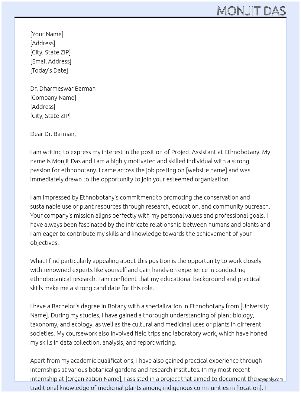 Project Assistant At Ethnobotany Cover Letter